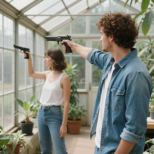 Two People Holding Guns in Greenhouse