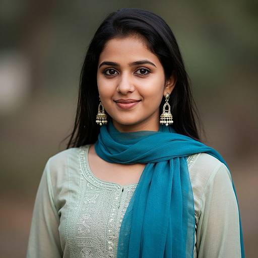 Photograph of a young South Asian woman with long black hair, wearing a silver embroidered top, blue scarf, and matching earrings, smiling gently in a