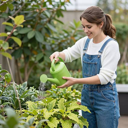 Photograph of a smiling young woman with brown hair in a ponytail, wearing a white sweater and blue denim overalls, watering green plants with a