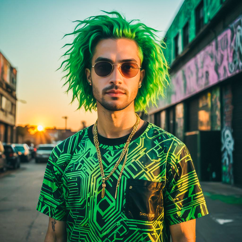 Dynamic DJ with Vibrant Green Hair