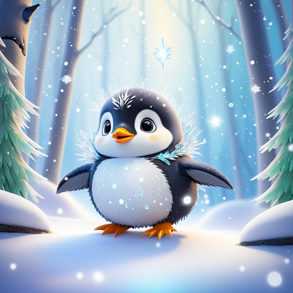 Whimsical Baby Penguin in Fantasy Forest