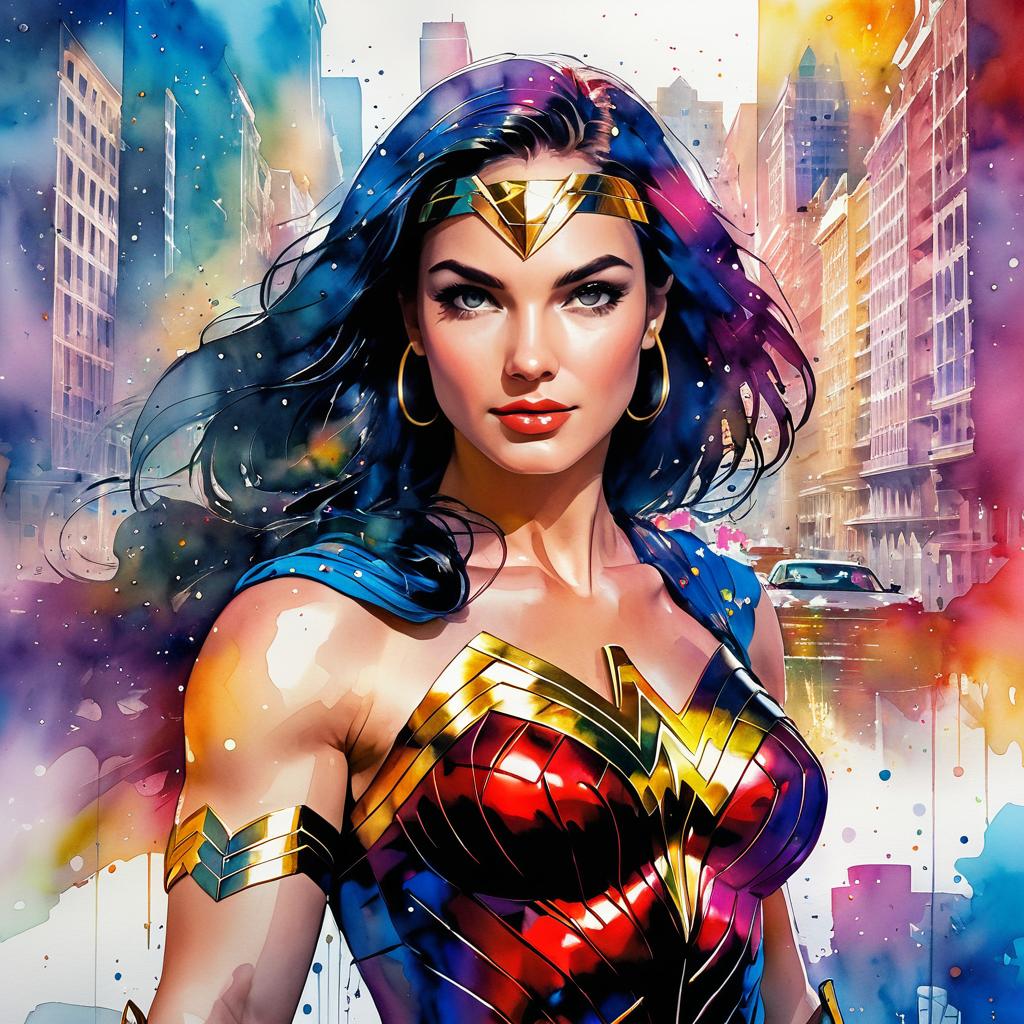 Vibrant Portrait of Wonder Woman in Watercolor