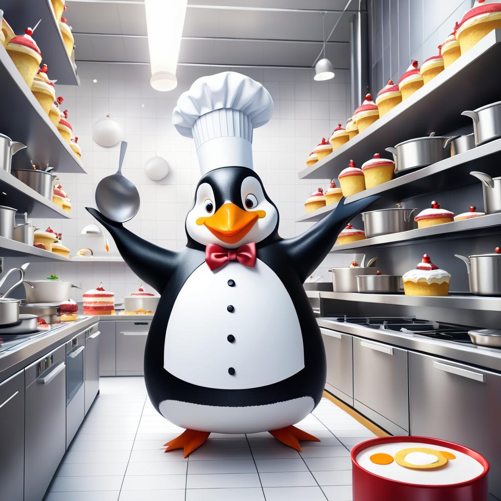 Chef Penguin in a Busy Kitchen Scene