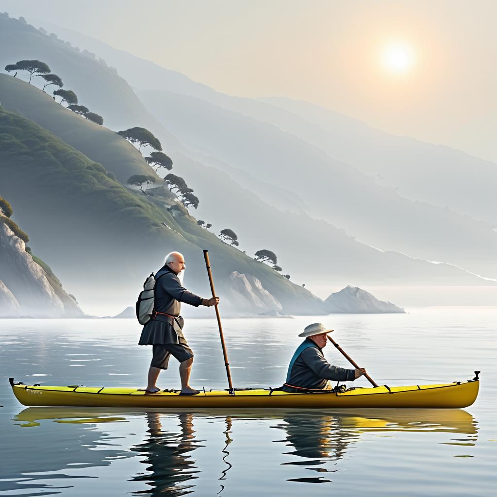 Charming Bald Man Kayaking in Foggy Bay