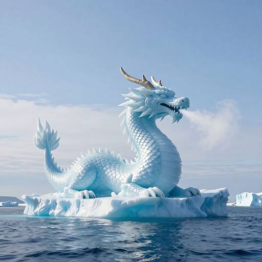 Photorealistic digital artwork of a majestic white dragon with blue icicles, sitting regally on a floating ice floe in a vast, calm ocean