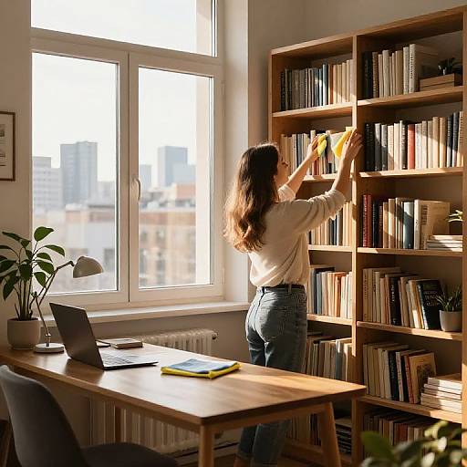 Photograph of a woman with long brown hair, white blouse, and blue jeans, reaching for a book on a wooden bookshelf in a sunlit