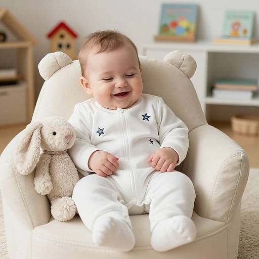 Photograph of a smiling baby with light skin and brown hair, wearing a white onesie with blue stars, sitting in a cream chair with a white