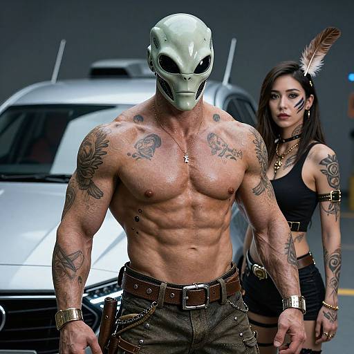 Muscular, tattooed man with white skull mask and brown pants stands in front of a white car, flanked by a tattooed woman with black