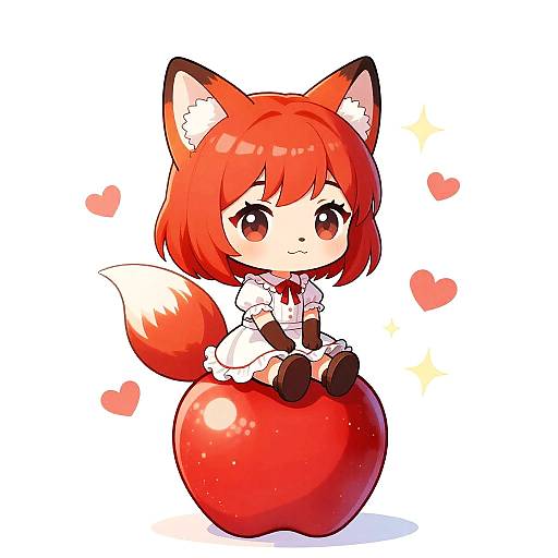 Chibi Fox Girl Sitting on Large Red Apple