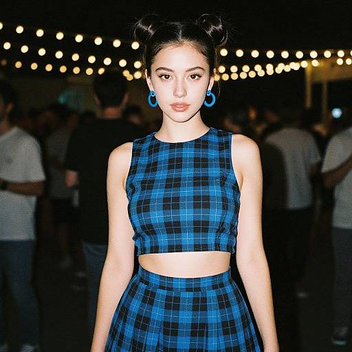 Photograph of an Asian woman with black double buns, wearing a blue plaid crop top and skirt, blue hoop earrings, in a dimly