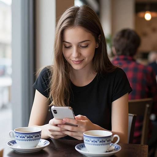 Photograph of a young woman with long brown hair, in a black shirt, smiling while texting on a white smartphone at a café table with two blue