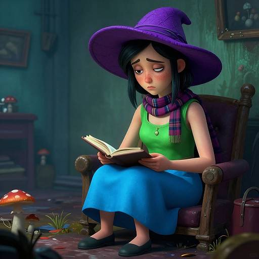 Digital art: Sad young woman with purple hat, green top, blue skirt, reading book in dimly lit room with mushrooms.