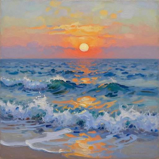 Impressionist-style painting of a vibrant sunset over a turbulent ocean, with orange sun reflecting on choppy blue waves and foamy white surf.