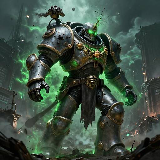 Digital artwork of a towering, armored, green-eyed warrior with glowing green energy, standing amidst a ruined, smoky cityscape. Metallic armor, fierce