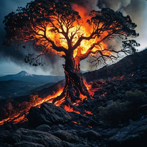 Volcanic Eruption Tree in Fiery Landscape Volcanic Eruption Tree in Fiery Landscape