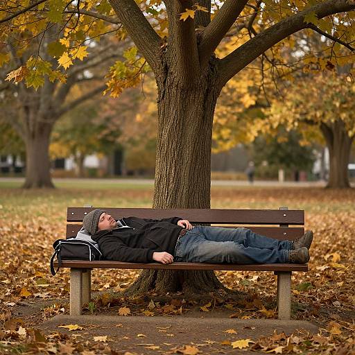 Photograph of a man in a black hoodie and jeans, lying on a wooden bench under an autumn tree, surrounded by fallen leaves.