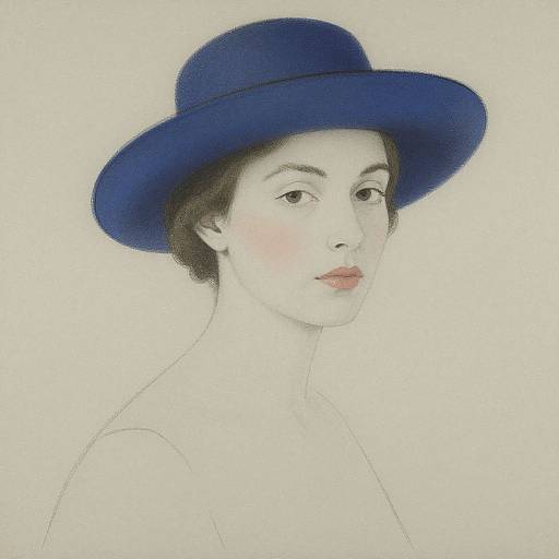 Watercolor portrait of a fair-skinned woman with brown hair, wearing a blue hat, softly blushed cheeks, and red lips, set against a