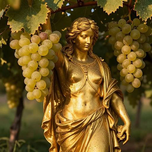 Golden statue of a serene, topless woman with flowing hair, draped in fabric, standing among lush grapevine clusters, sunlight highlighting her metallic form.