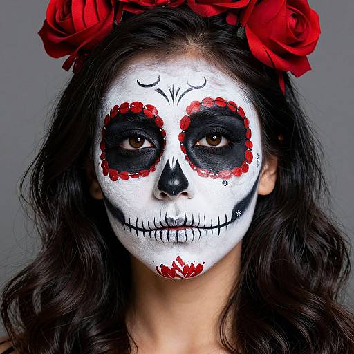 Photograph of a woman with dark hair, white face paint, black eye sockets, red floral accents, and red roses in her hair.