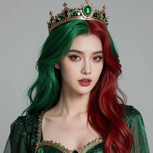 Digital portrait of a fair-skinned, green-and-red-haired woman wearing a gold crown with green gemstones, and a black, velvet dress.