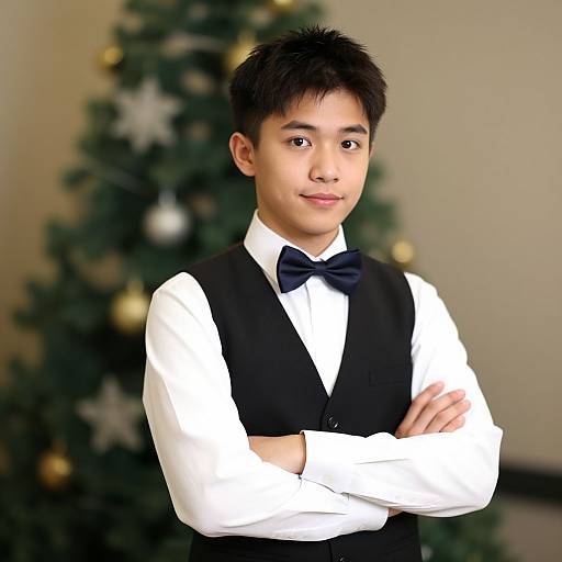 Photograph of an Asian young man with short black hair, wearing a white shirt, black vest, and bow tie, standing with arms crossed, in