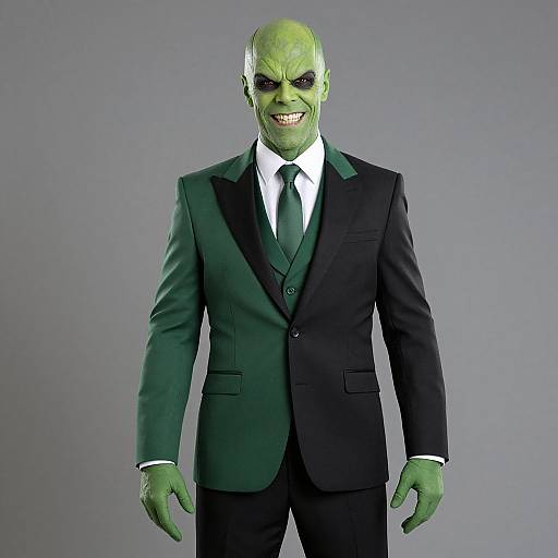 CGI image of a green-skinned, bald, menacing man in a black suit, white shirt, and green tie, standing against a grey background