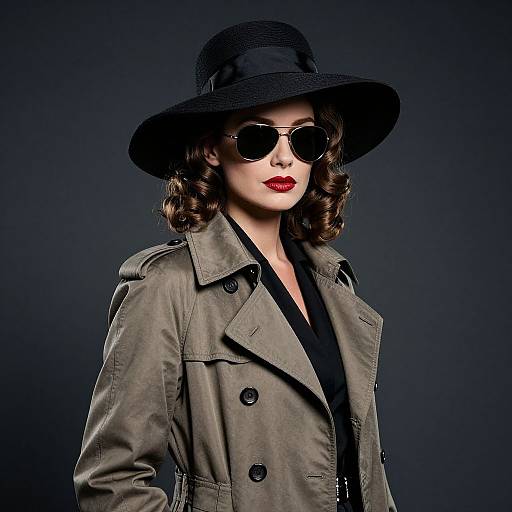 Photograph of a stylish woman with curly brown hair, red lipstick, black wide-brim hat, dark sunglasses, and olive green trench coat, against