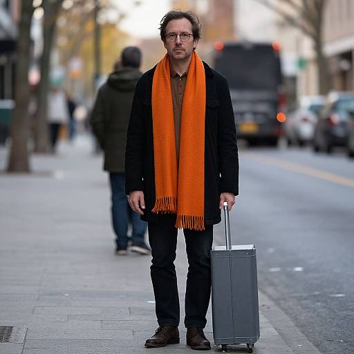 Photograph of a serious man with curly brown hair, glasses, black coat, orange scarf, black pants, and gray suitcase on a city street.