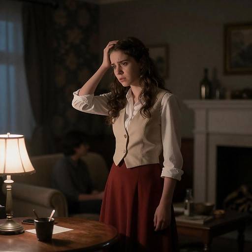 Concerned Young Woman in Dimly Lit Room