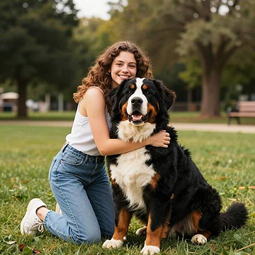 Young Woman Hugging Bernese Mountain Dog