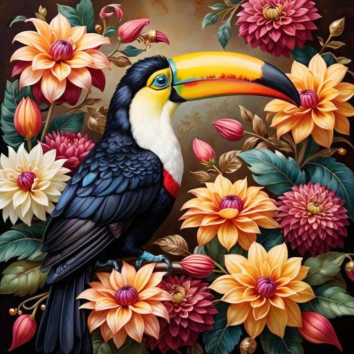 Regal Toucan Amidst Blooming Dahlias