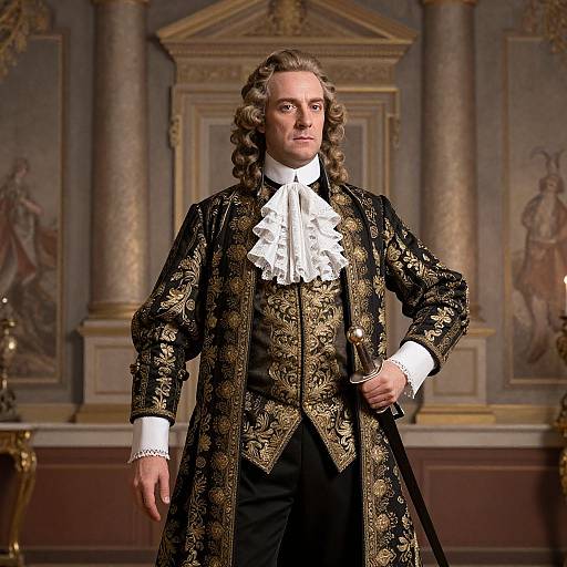 18th-century portrait of a stern, curly-haired man in ornate black and gold brocade coat, white ruffled shirt, standing in an op