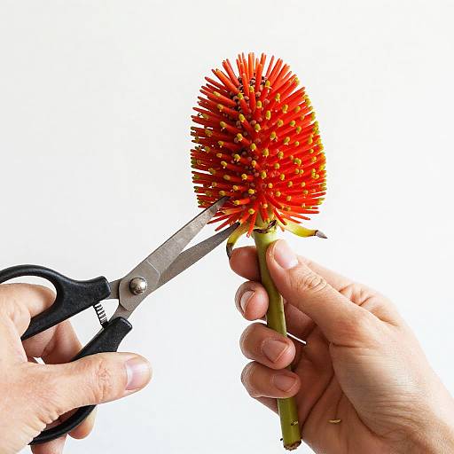 Close-Up Hands Trimming Red Spiky Flower