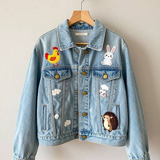 Photograph of a light blue denim jacket with animal embroidered patches: chicken, rabbit, white cloud, hedgehog, and another rabbit.
