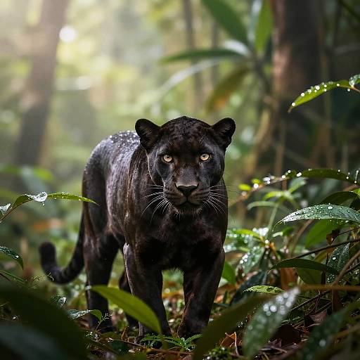 Photograph of a sleek, black jaguar with piercing yellow eyes standing alert in a lush, misty jungle, surrounded by dew-covered leaves.