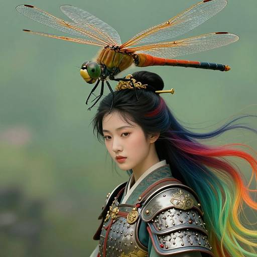 Digital artwork of an Asian woman in samurai armor with rainbow hair, featuring a dragonfly on her head, against a green blurred background.