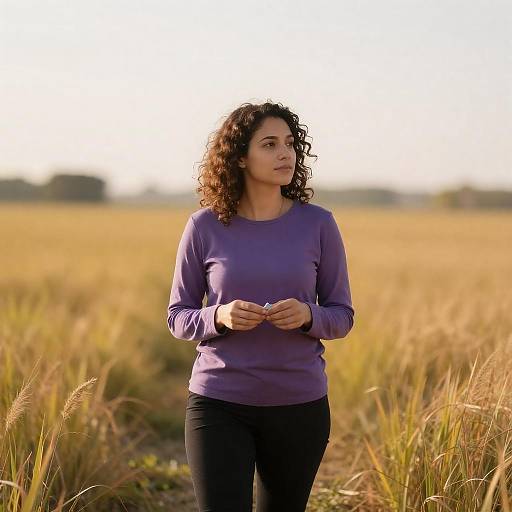 Woman in Purple Shirt Standing in Golden Field