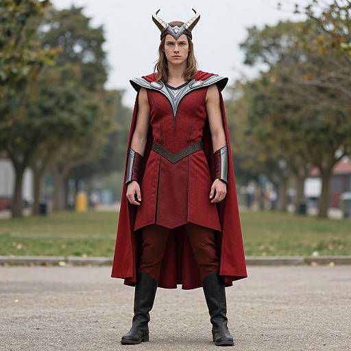 Photograph of a young woman with long brown hair, wearing a red Viking-style costume with silver armor, horned helmet, and black boots, standing