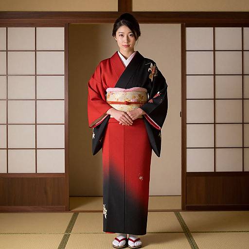 Photograph of an East Asian woman in a traditional red and black kimono, standing in a shoji-screen room, hands clasped.