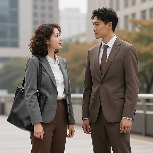 Photograph of an Asian man and woman in business attire, standing outdoors, facing each other, with blurred cityscape background.