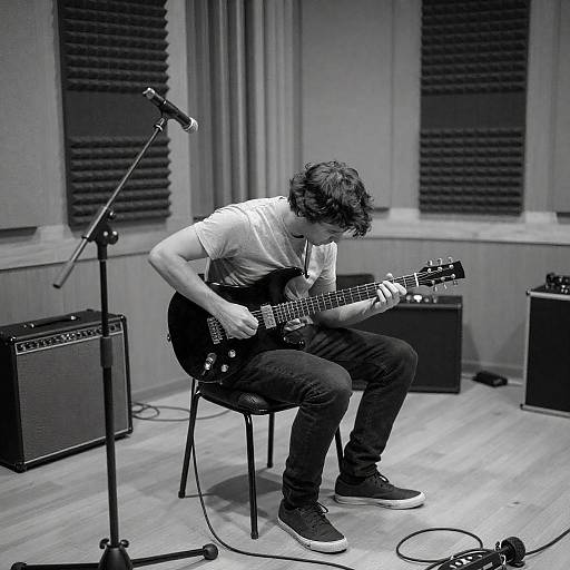 Man Playing Electric Guitar in Recording Studio