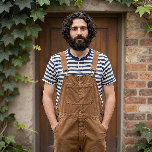 Photograph of bearded man with curly black hair, wearing striped shirt and brown overalls, standing in front of wooden door with ivy-covered brick