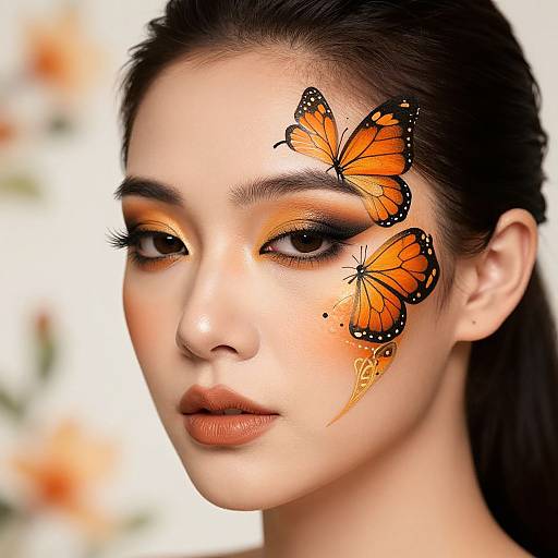 Photorealistic portrait of a young woman with fair skin, dark hair, orange eyeshadow, and two orange butterflies with black accents on her cheek