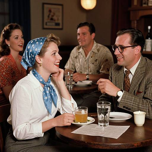 Photograph of 1950s-style diners: smiling woman with blue polka dot headscarf, white blouse, and gray skirt, laughing