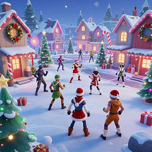 Digital illustration of a snowy Christmas village with cartoon characters ice skating, decorated houses, lit trees, and glowing starry night sky.