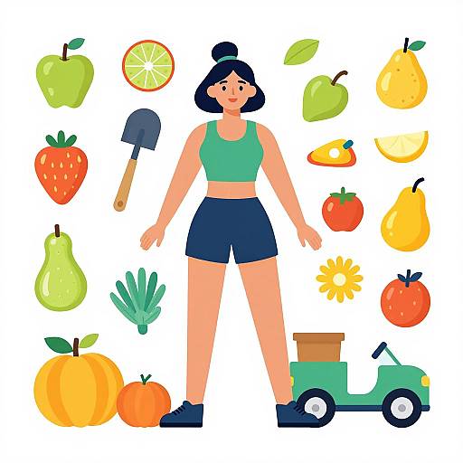 Digital illustration of a fit woman in green crop top and navy shorts, surrounded by colorful fruits, vegetables, and gardening tools.
