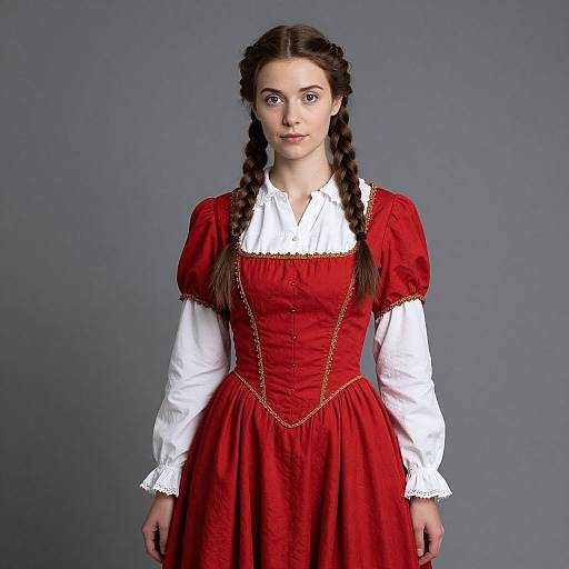 Photograph of a young woman with fair skin and dark brown braided hair, wearing a red, puffed-sleeve dress over a white blouse