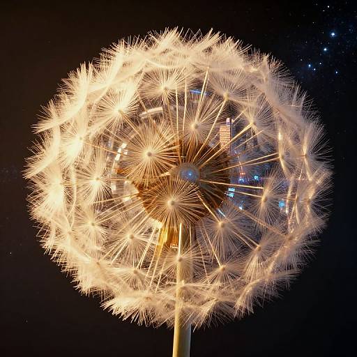 Photograph of a glowing dandelion seed head against a dark background, with illuminated seeds creating a radiant, starry effect.