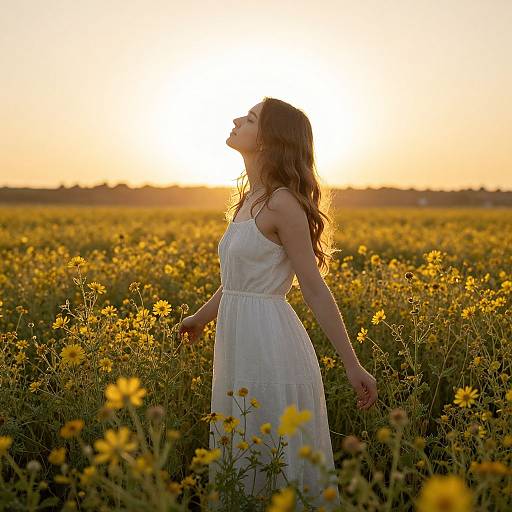 Photograph of a young woman with wavy brown hair in a white sundress, standing in a golden-yellow sunflower field at sunset, arms out