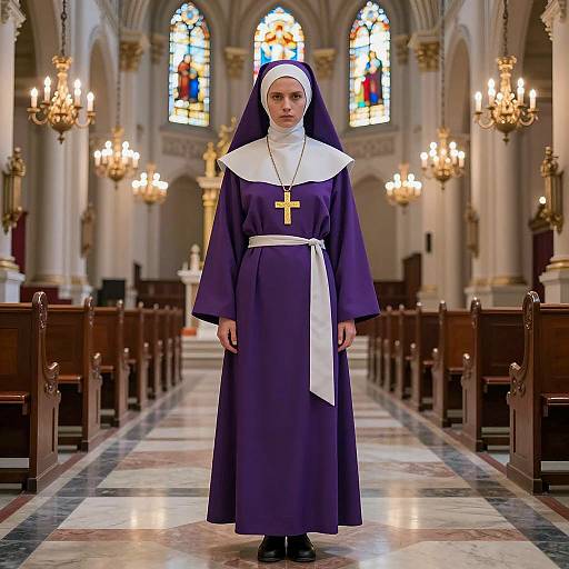 Regal Purple Nun in Ornate Church